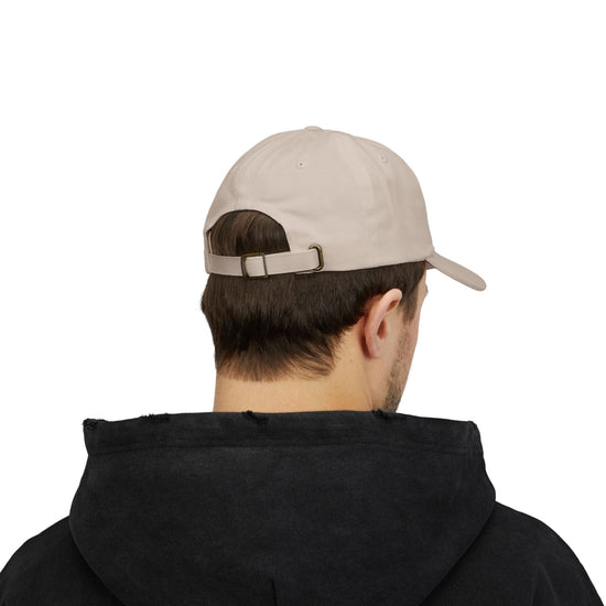 Back of stone L.I.F.E. tonal dad hat with adjustable cotton strap and metal slider.