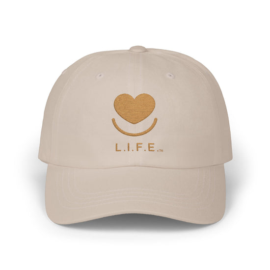 Front of stone cotton twill L.I.F.E. tonal embroidered dad hat with heart logo.