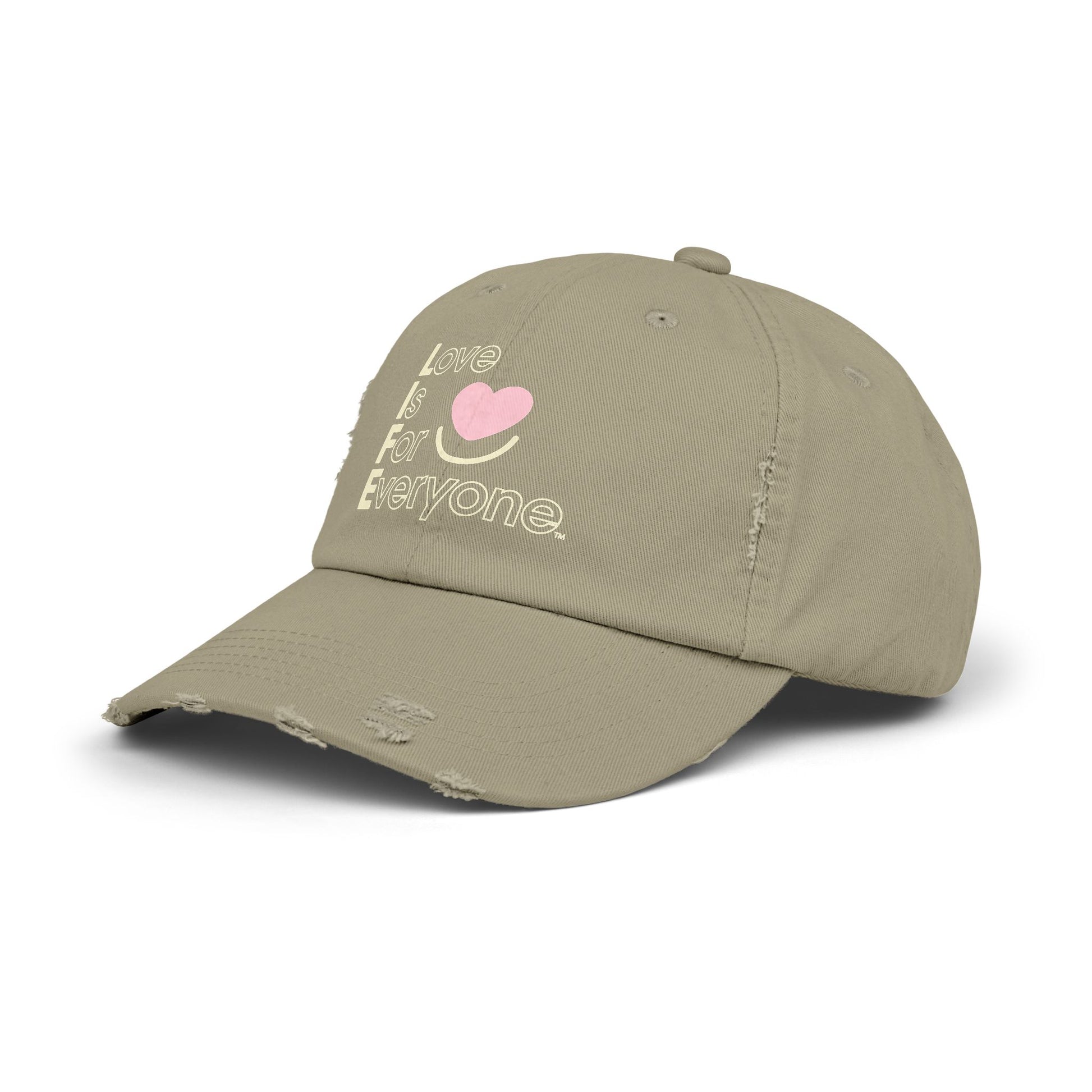 Side angle of olive L.I.F.E. dad hat with heart logo and message.