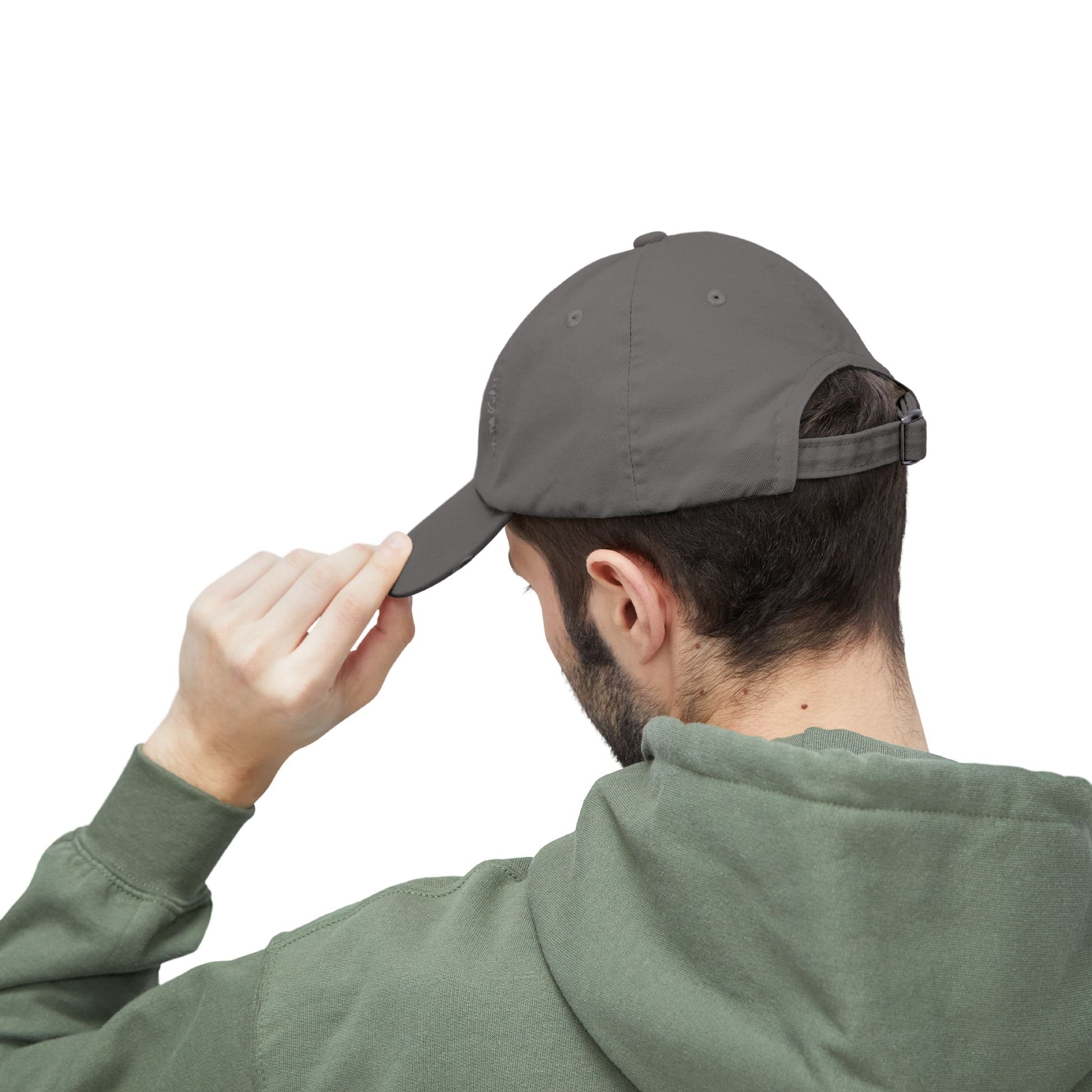 Side view if charcoal pigment-dyed L.I.F.E. dad hat with curved visor.