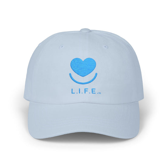 Light Blue embroidered L.I.F.E. dad hat with heart logo embroidery.