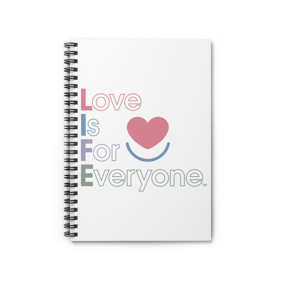 Front view of white "L.I.F.E. Color Pop spiral notebook with multi-color text and heart.