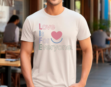 Man wearing sand men's Color Pop graphic tee, front view with vertical design.