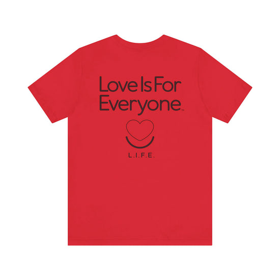 Men's Signature Tee laid flat, back view of classic "Love is for Everyone"  design.