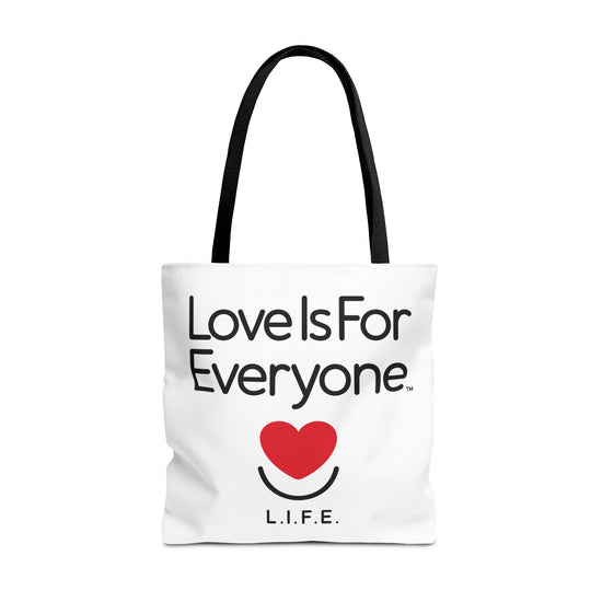 Studio view "Love is for Everyone" tote bag white with black reinforced handles.