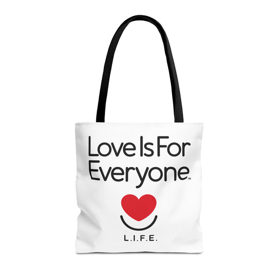 Studio front view of Signature L.I.F.E. "Love is for Everyone" canvas tote, black handles.