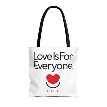 Studio front view of Signature L.I.F.E. "Love is for Everyone" canvas tote, black handles.