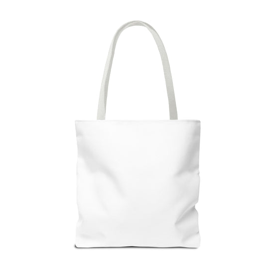 Back studio view of L.I.F.E. Signature large heavyweight canvas tote bag with white handles.