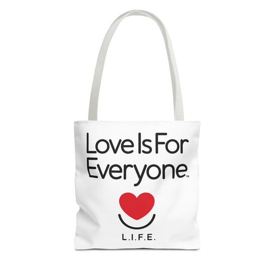 Studio view of Signature L.I.F.E. "Love is for Everyone" white canvas tote, white handles, classic heart smile logo.