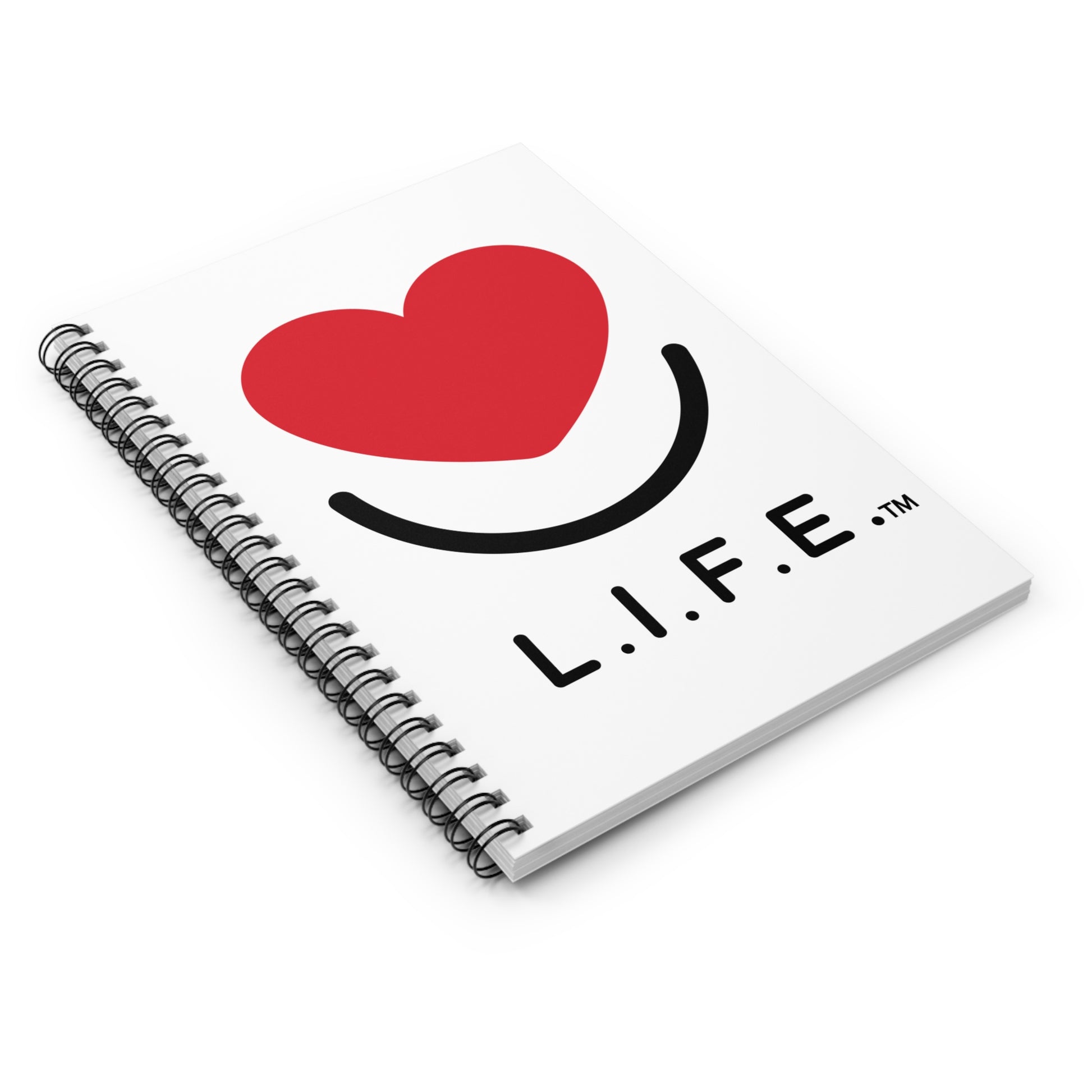 Spiral notebook with a red heart smile and "L.I.F.E." logo on a white background.