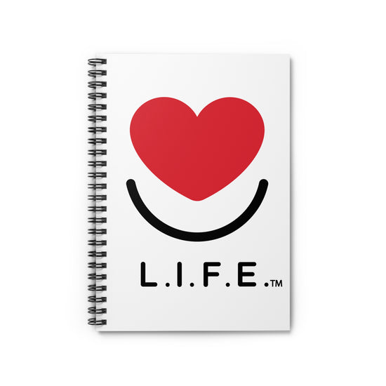 Spiral notebook with a red heart smile design on a white background