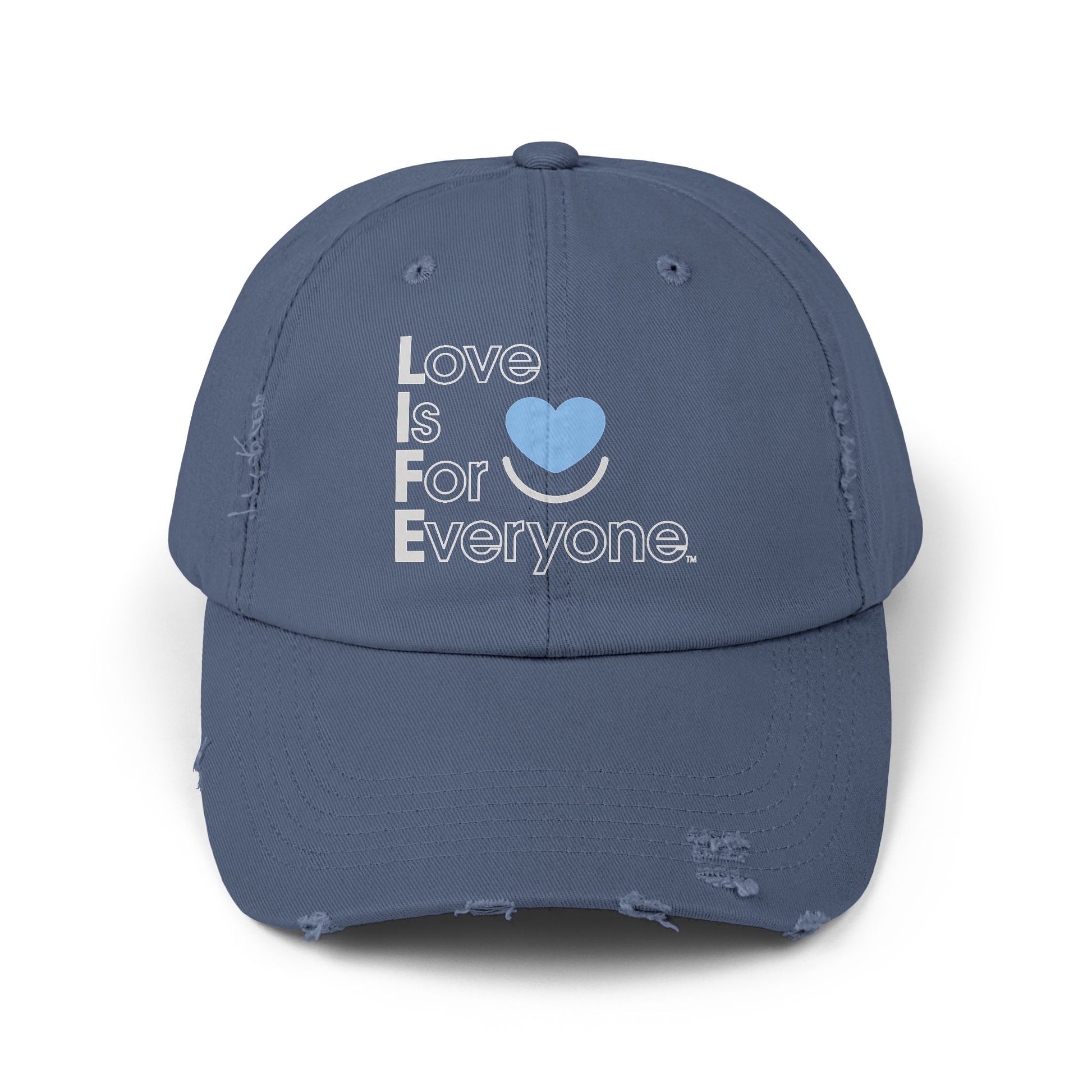 Front of blue distressed cotton twill L.I.F.E. dad hat with printed heart logo and message.
