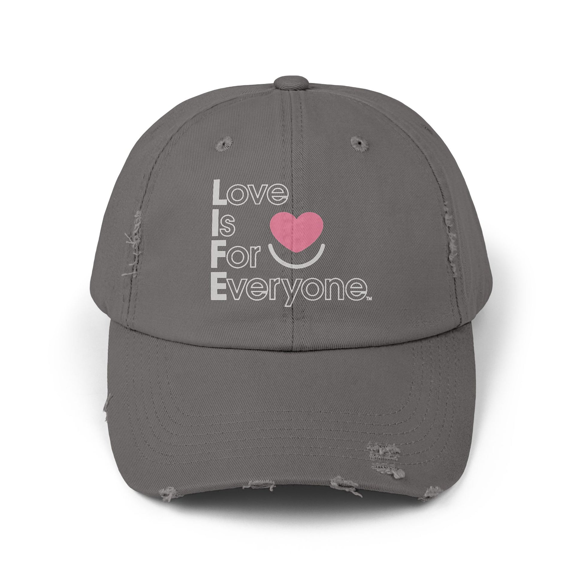 Front view of nickel L.I.F.E dad hat with heart logo and message.
