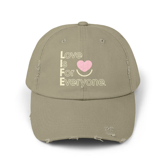 Front view of olive L.I.F.E. dad hat with vertical heart logo and message.