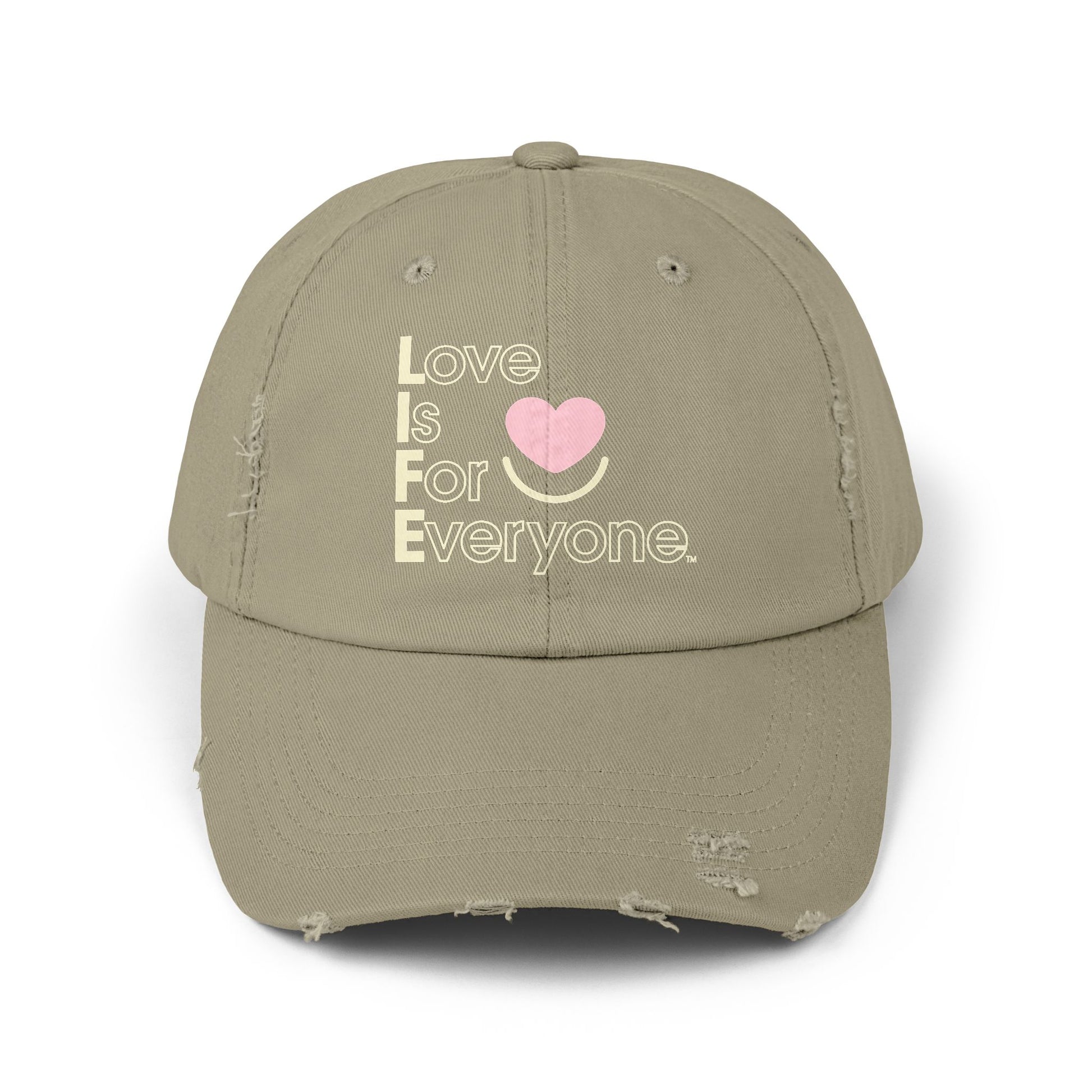 Front view of olive L.I.F.E. dad hat with vertical heart logo and message.