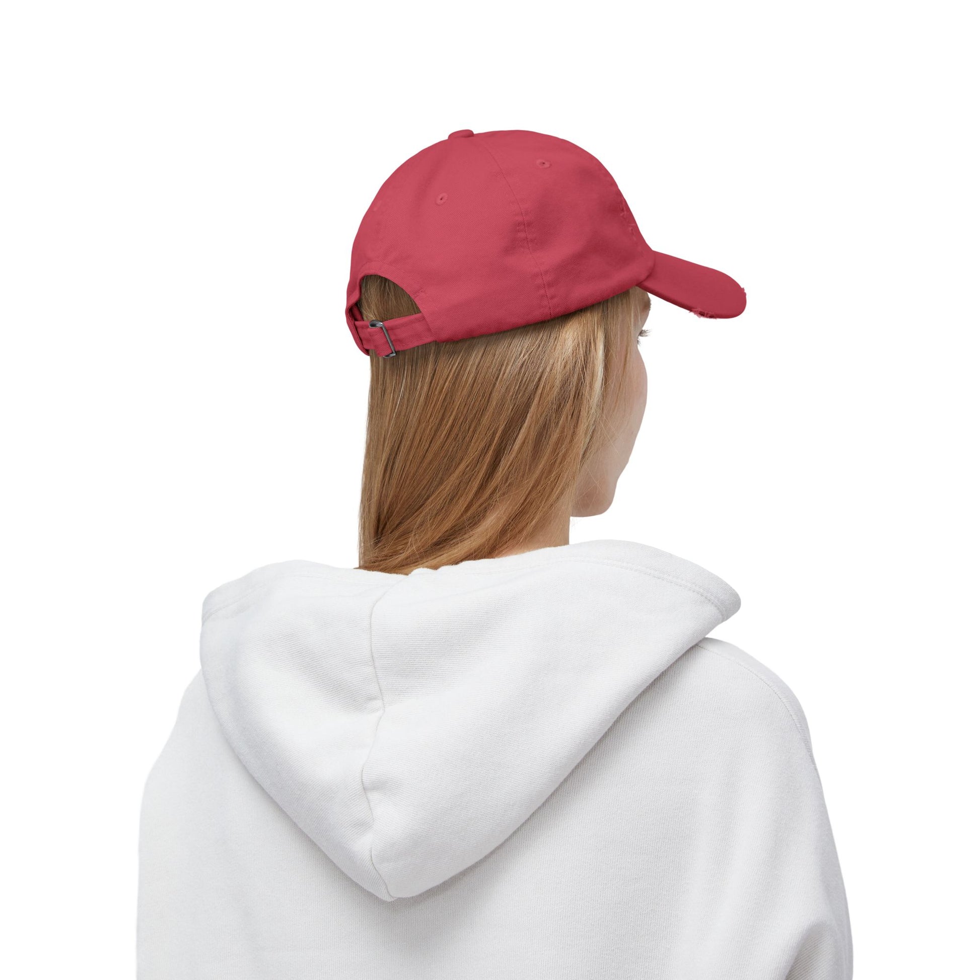 Side and back view of red pigment-dyed L.I.F.E. dad hat showing adjustable fabric strap with metal D-Ring.