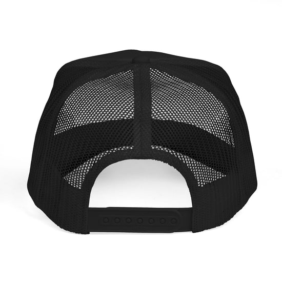 Back of black L.I.F.E. trucker hat with breathable mesh panels and adjustable snapback.