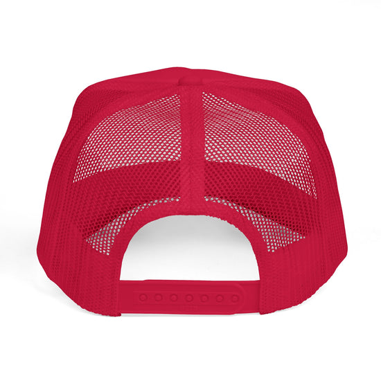 Back of red L.I.F.E. trucker hat with breathable mesh panels and adjustable snapback.