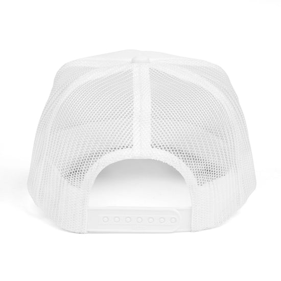 Back of white L.I.F.E. trucker hat showing mesh panels and snapback.
