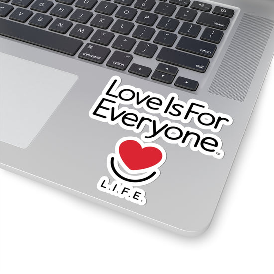 White back L.I.F.E. 4x4 "Love is for Everyone" vinyl sticker on laptop corner.