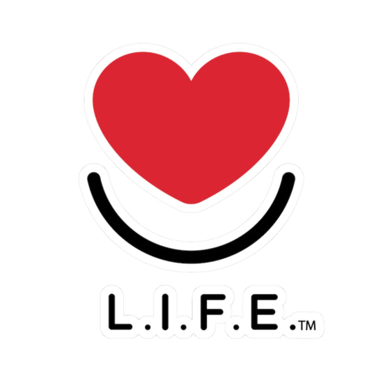 White back 4x4 L.i.F.E. sticker showing heart and smile artwork.