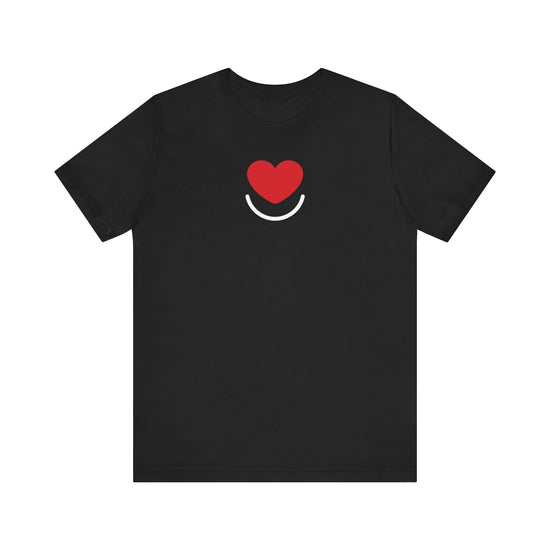 Front of black L.I.F.E. Signature Tee with smiling heart logo.