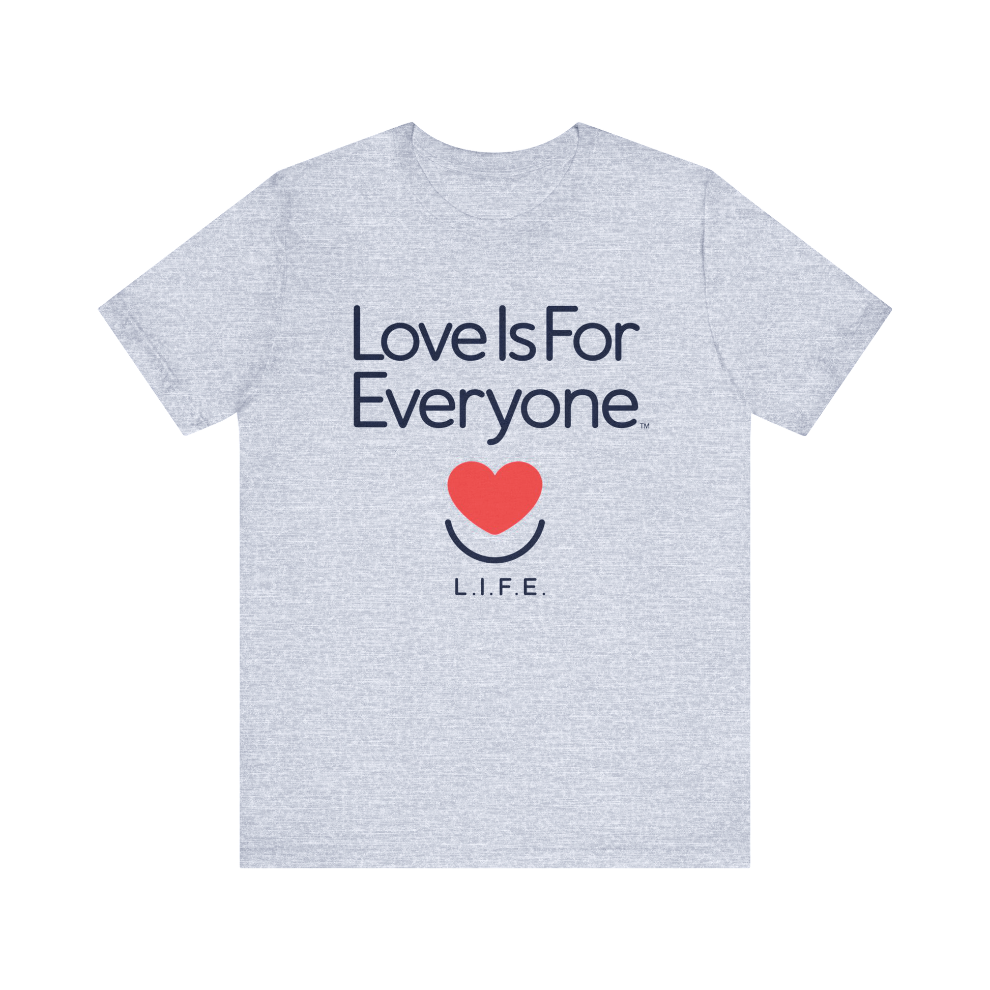 Front of athletic heather L.I.F.E. Classic Tee with smiling heart logo.