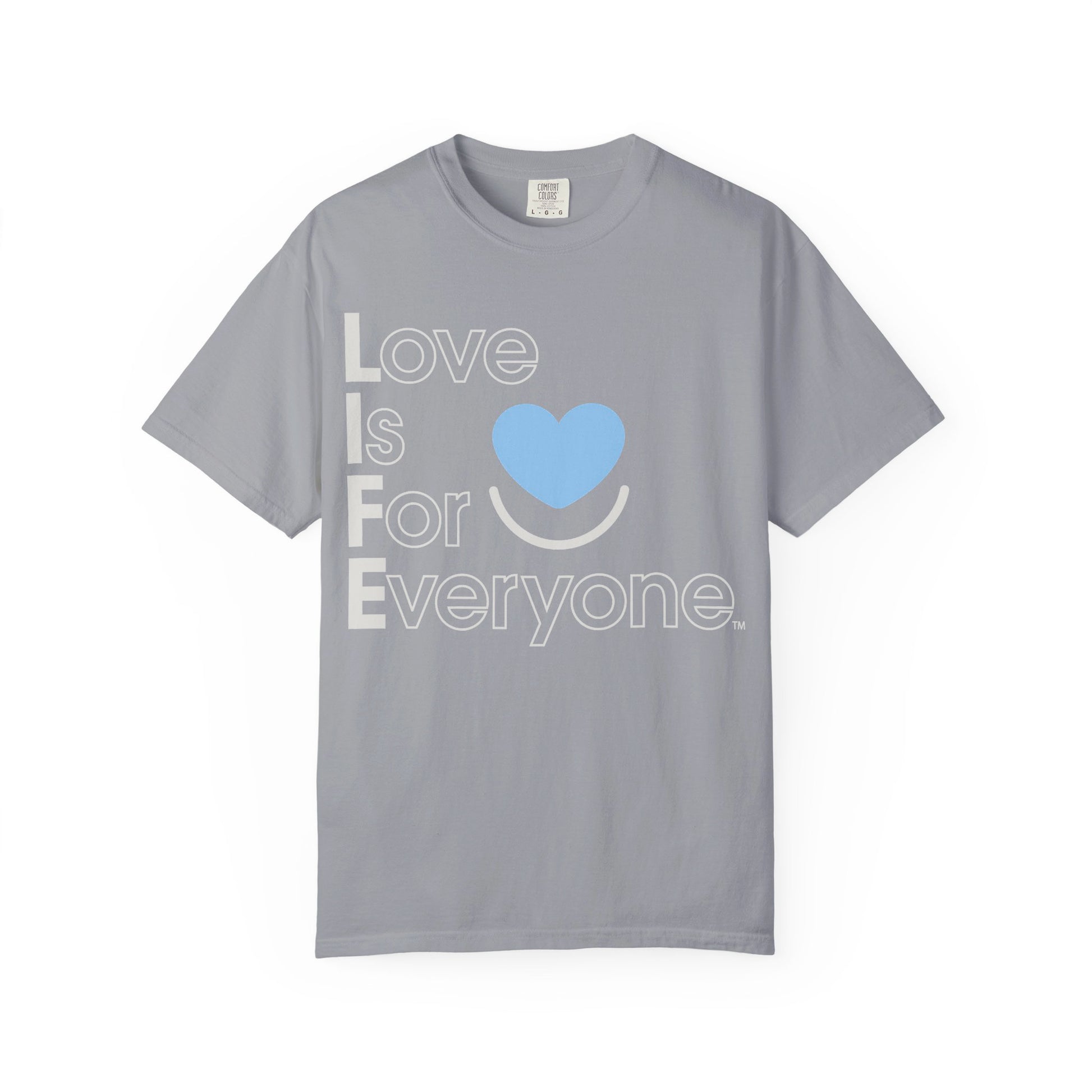 Women's grey Comfort Colors ® T-shirt laid flat with vertical "Love is for Everyone" message.