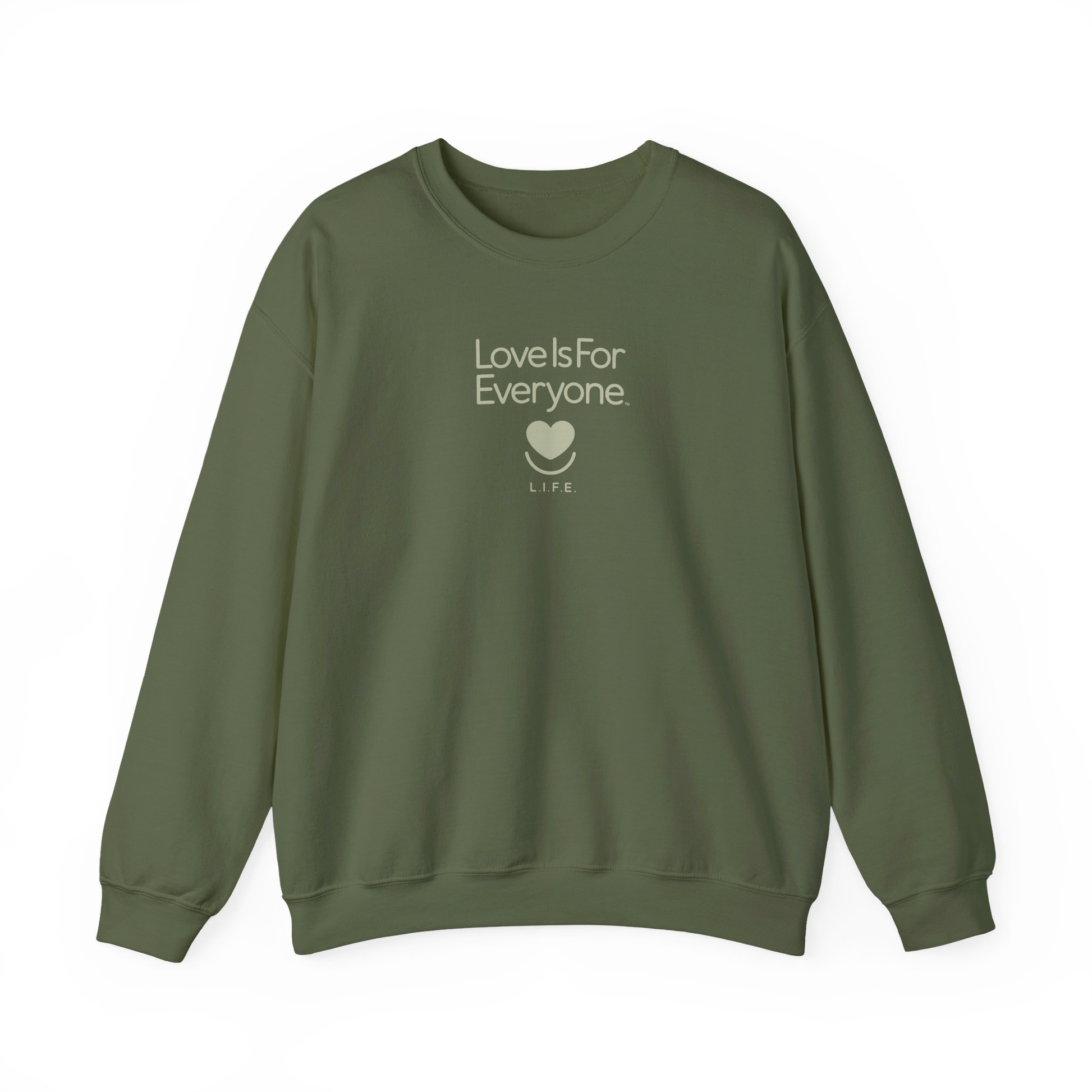Front of military green tonal L.i.F.E. crewneck with heart logo blended to match the garment.