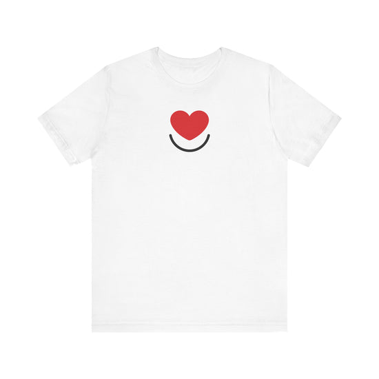 White Signature Tee with smiling heart logo.