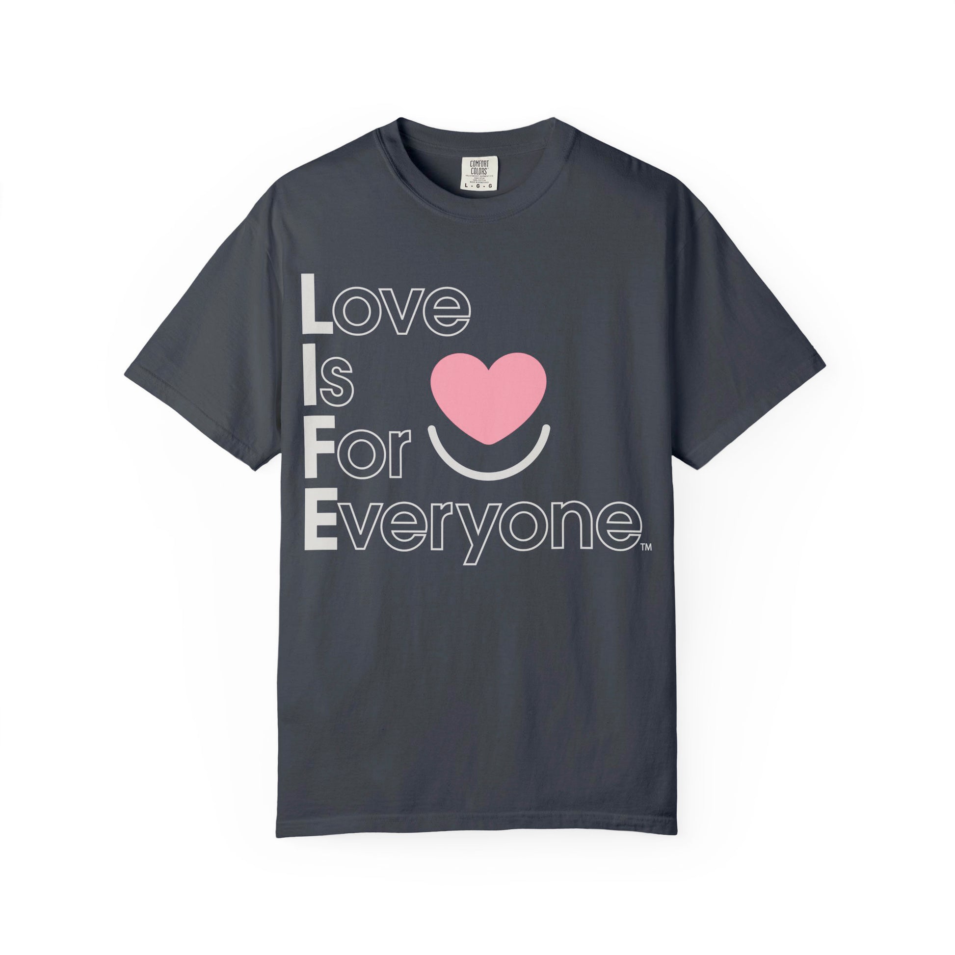 Pepper Comfort Colors® tshirt with pink heart and smile logo laid flat.