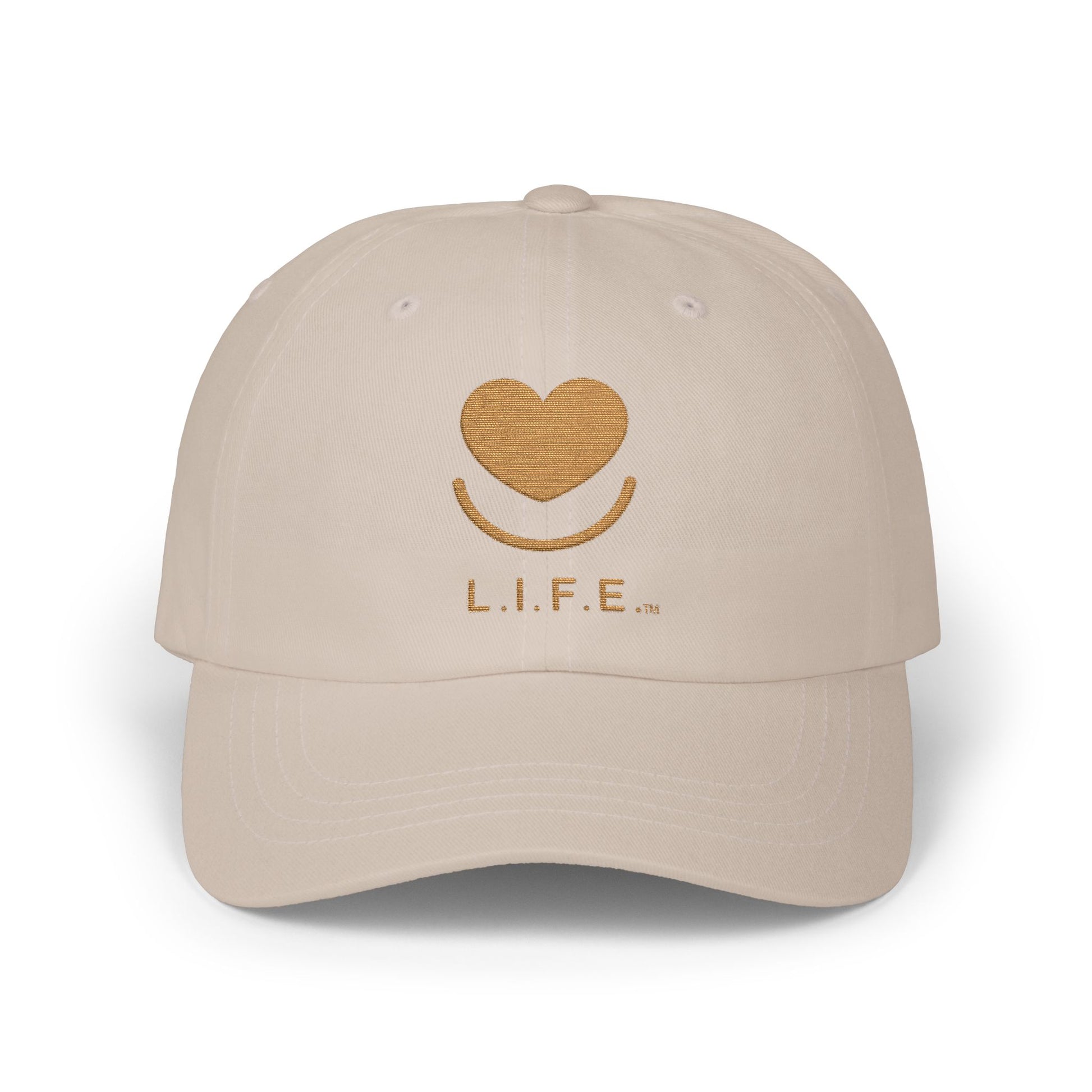 Front of stone cotton twill L.I.F.E. tonal embroidered dad hat with heart logo. 