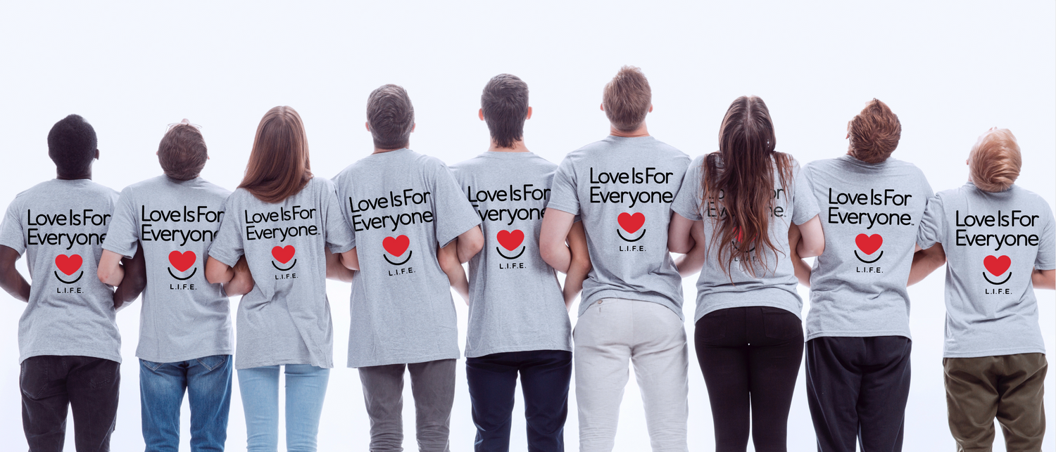 Group of people wearing grey Classic t-shirts with "Love is for Everyone" text on a white background
