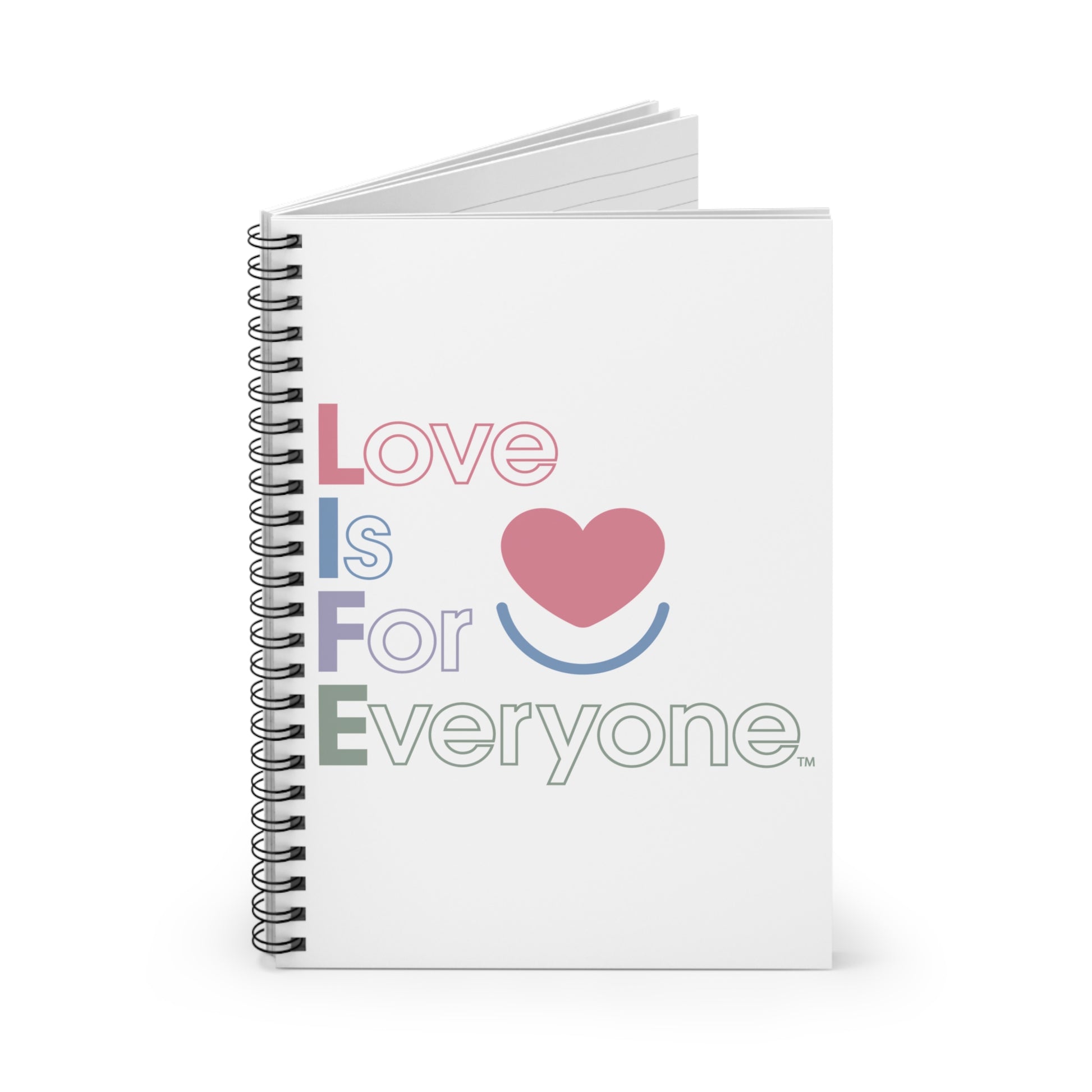 Angled view of L.I.F.E. Color Pop spiral notebook showing ruled pages and metal binding.

