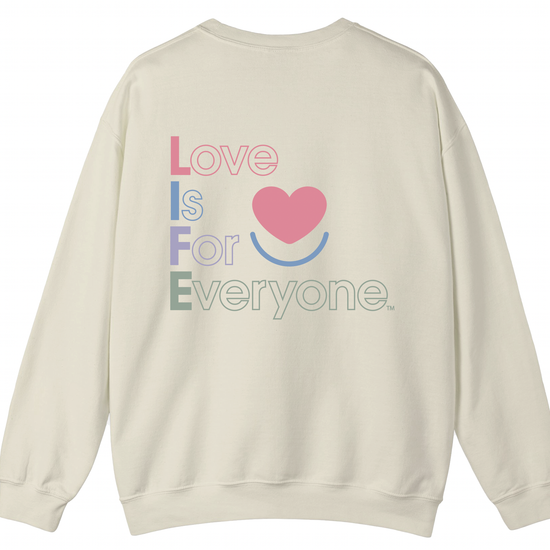 Men's Color Pop crewneck sand sweatshirt, laid flat showing L.I.F.E. vertical print artwork on back. 