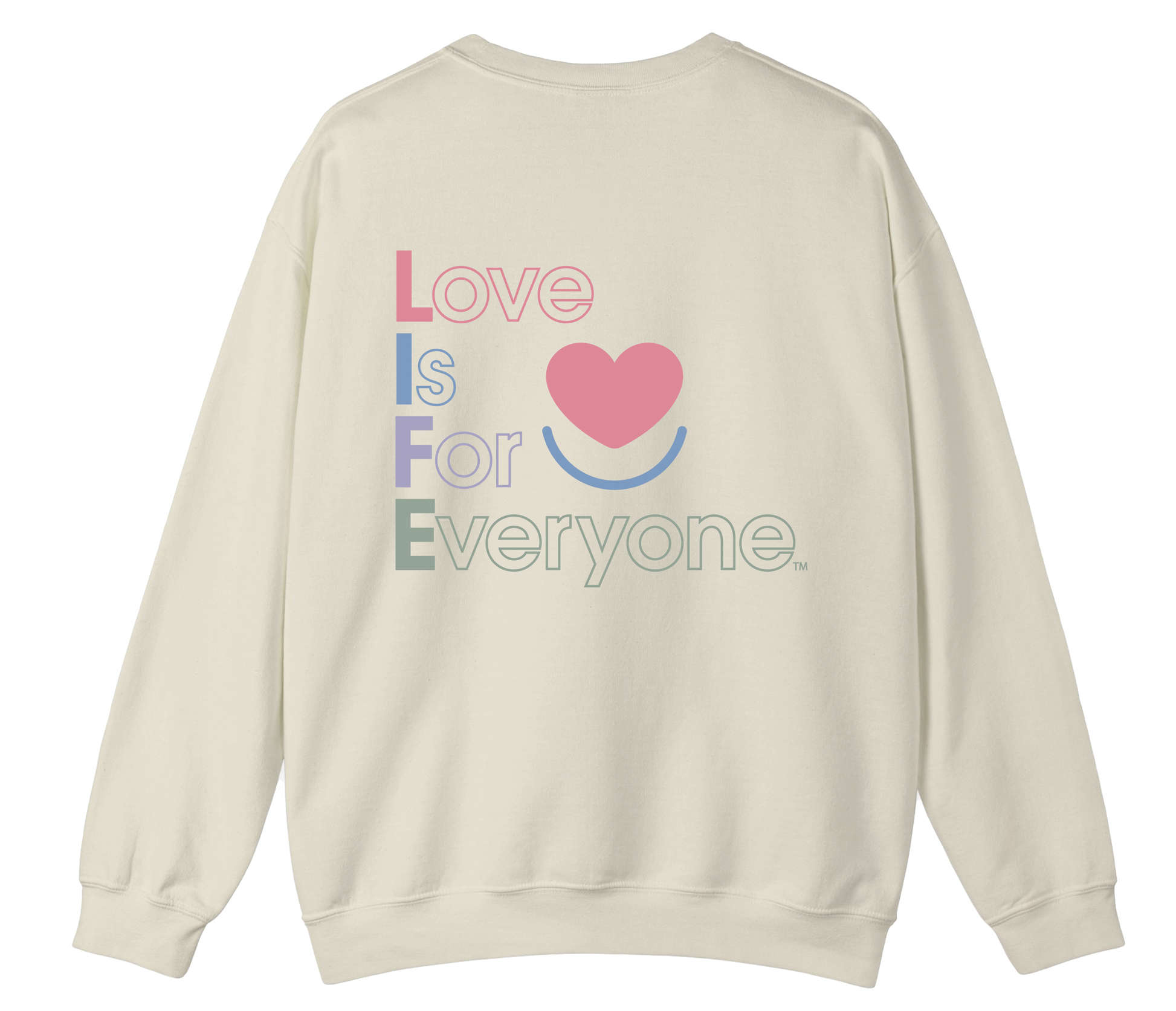 Men's Color Pop crewneck sand sweatshirt, laid flat showing L.I.F.E. vertical print artwork on back. 