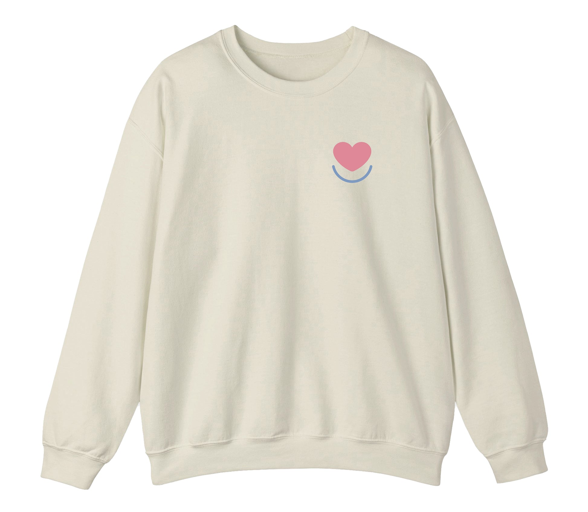 Men's Color Pop crewneck sand sweatshirt, laid flat with heart smile logo on left chest.