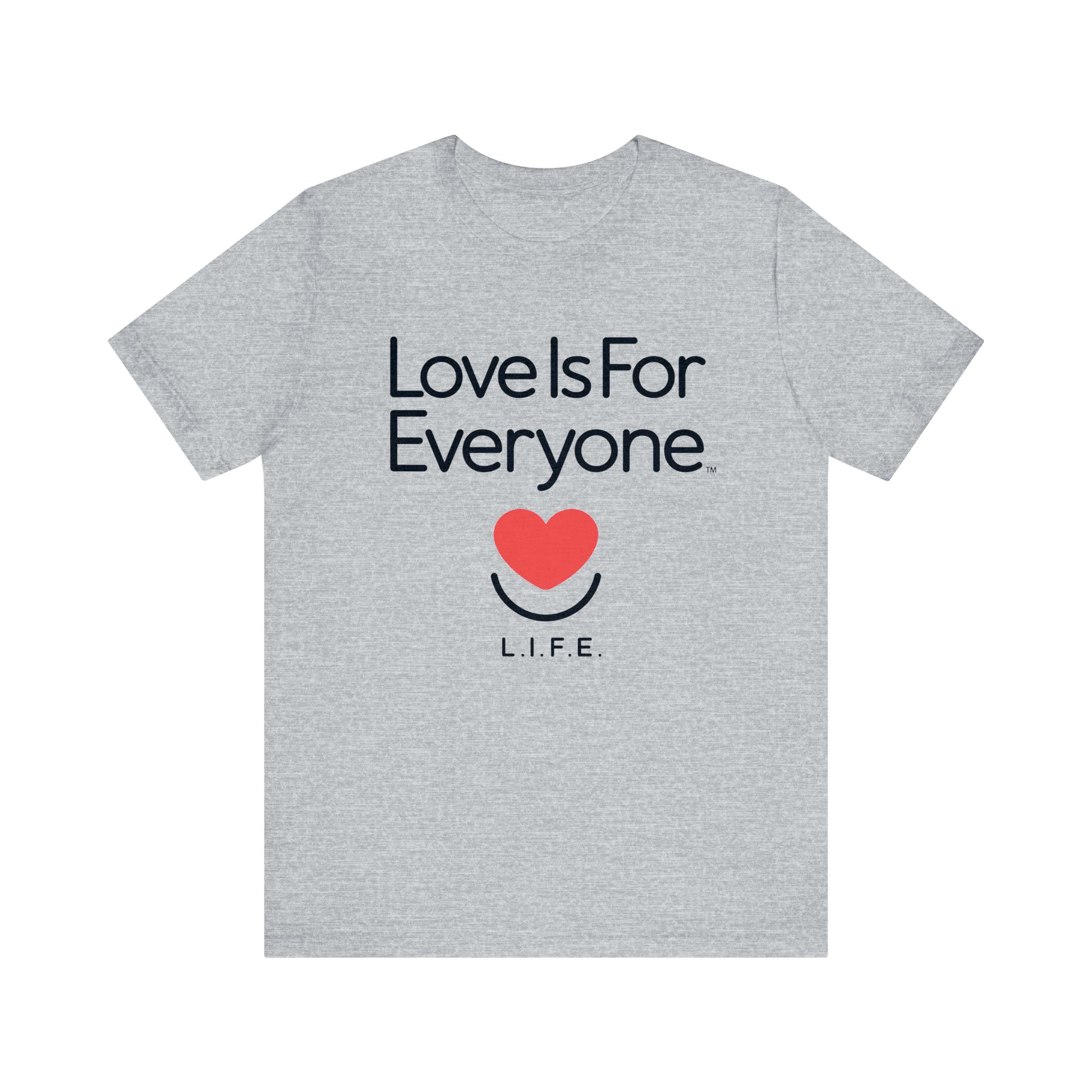 Men's Classic Tee grey laid flat, front with chest heart logo and message 