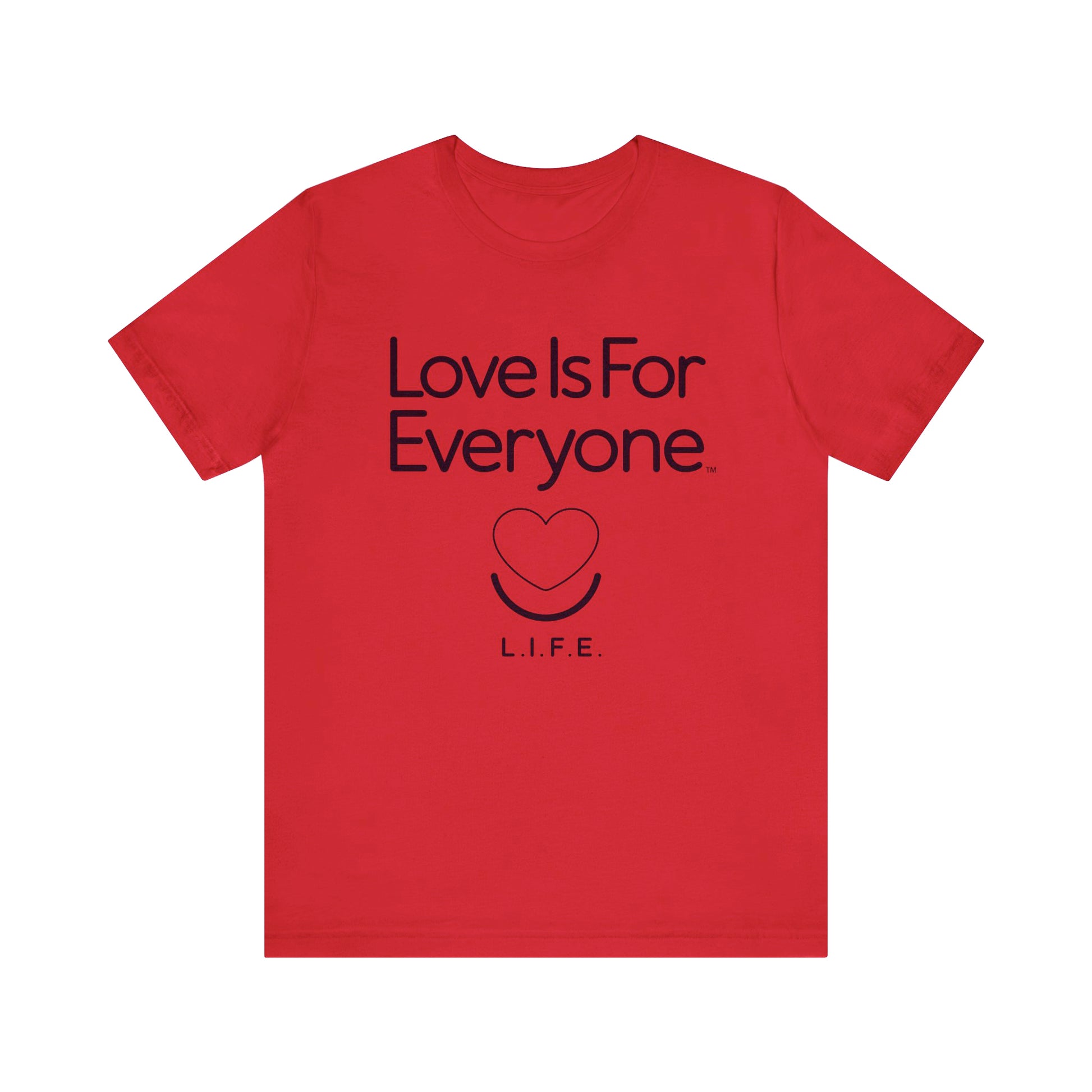 Men's Classic Tee laid flat, chest heart logo and message “Love is for Everyone”. 