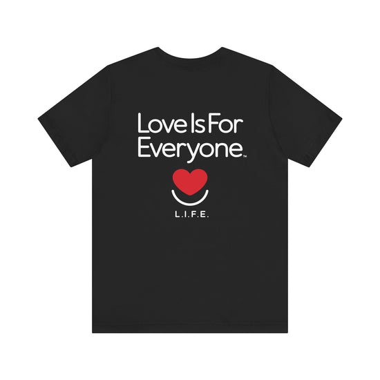 Men's Signature Tee laid flat , back view of "Love is for Everyone" graphic. 
