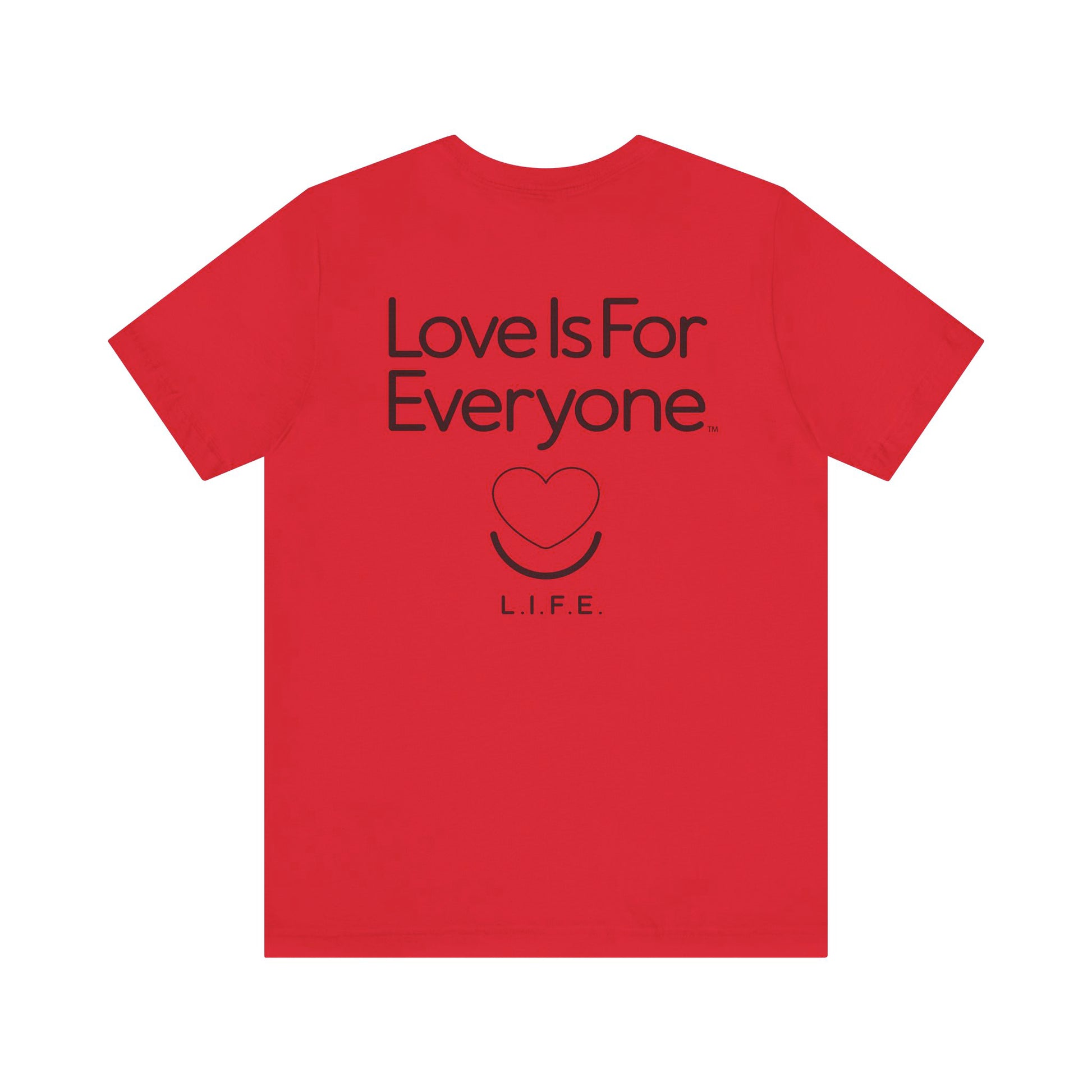 Men's Signature Tee laid flat, back view of classic "Love is for Everyone"  design.