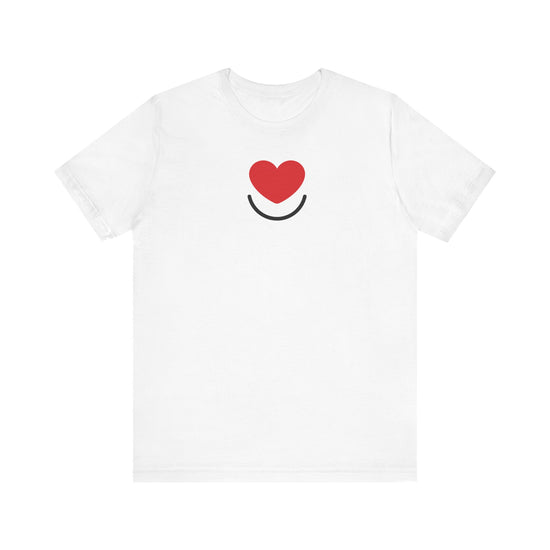 Men's Signature Tee laid flat, front view of smiling heart logo. 