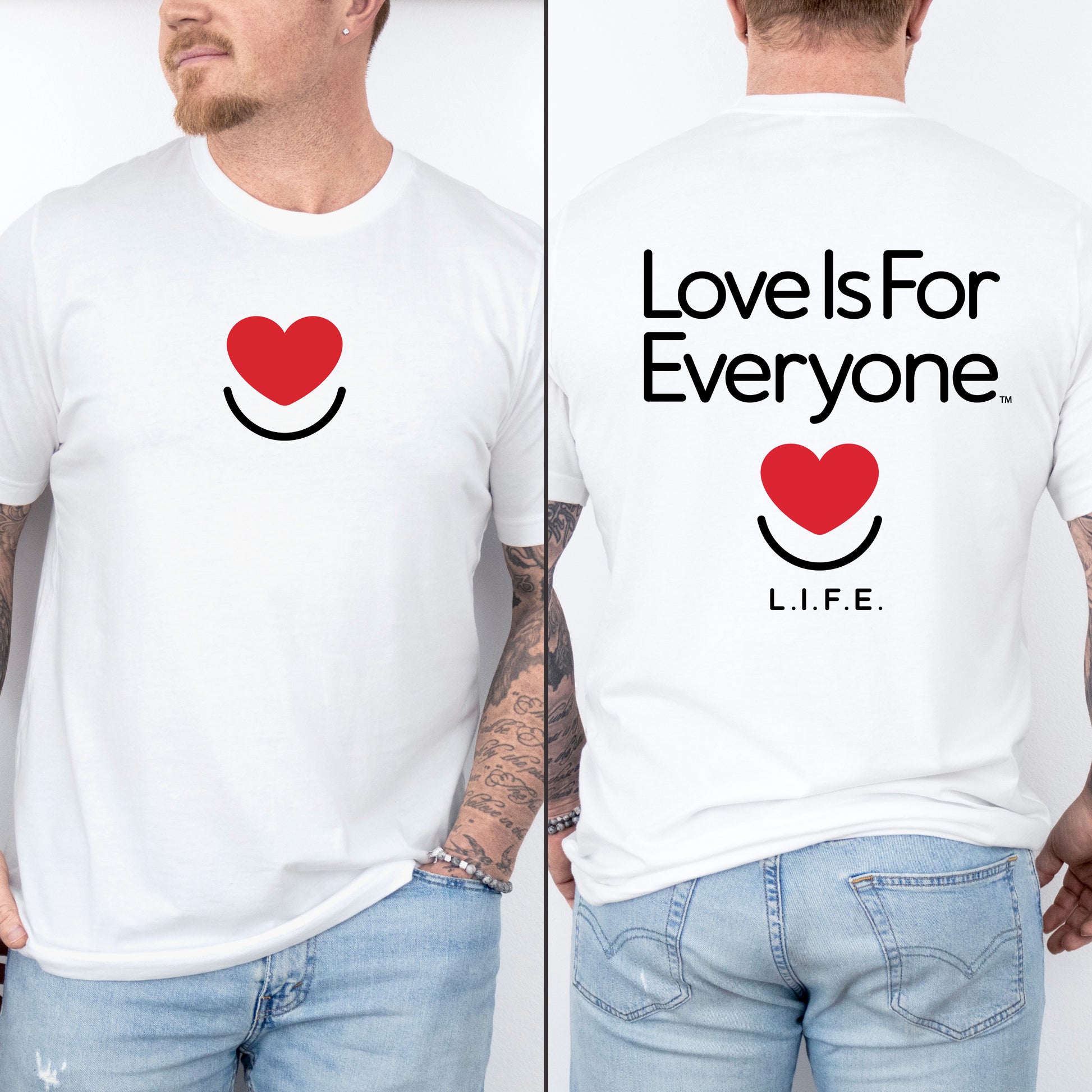 Man wearing men's Signature Tee in white, front and back view with Heart smile and message. 