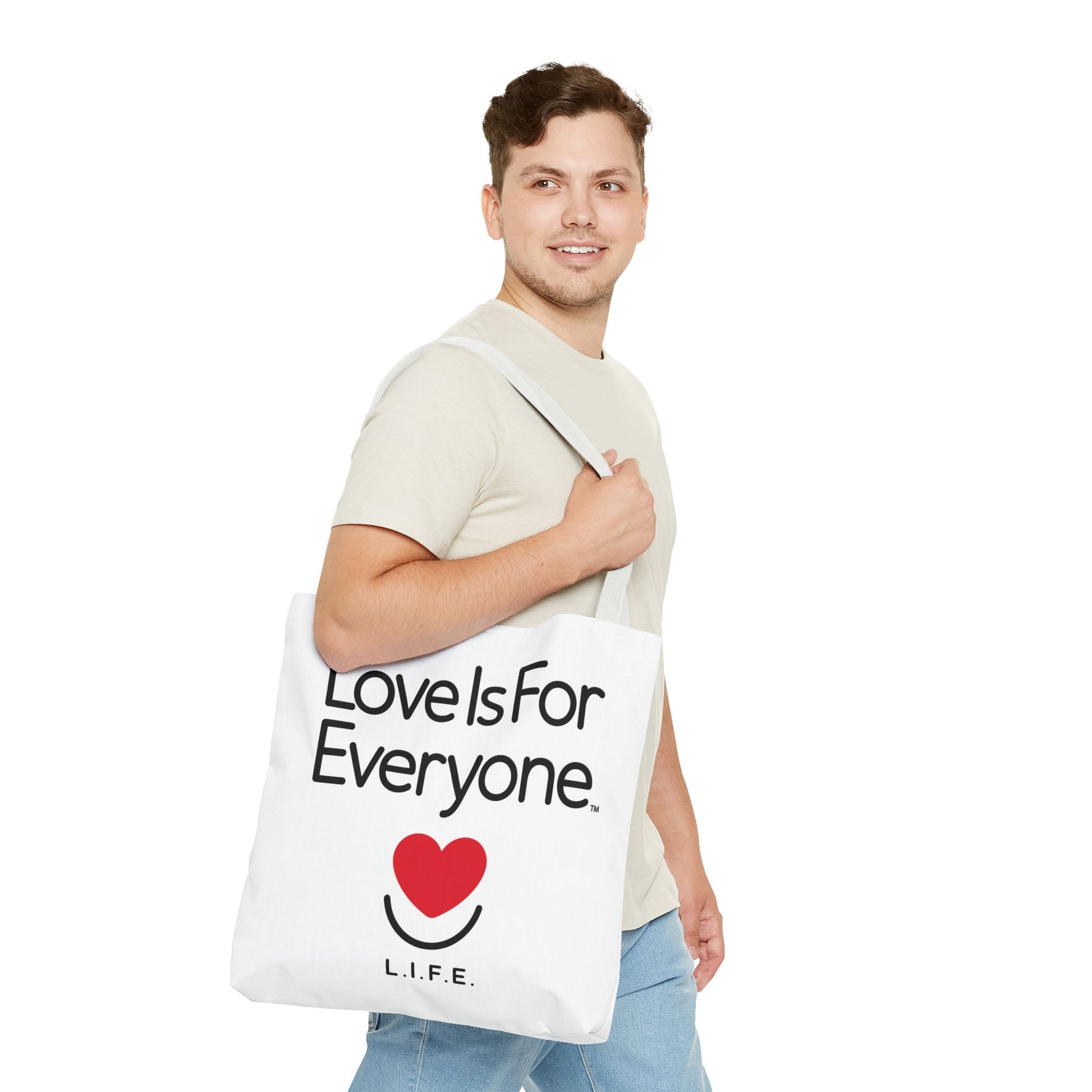 Man walking with large Signature L.I.F.E. "Love is for Everyone" over shoulder, white handles. 