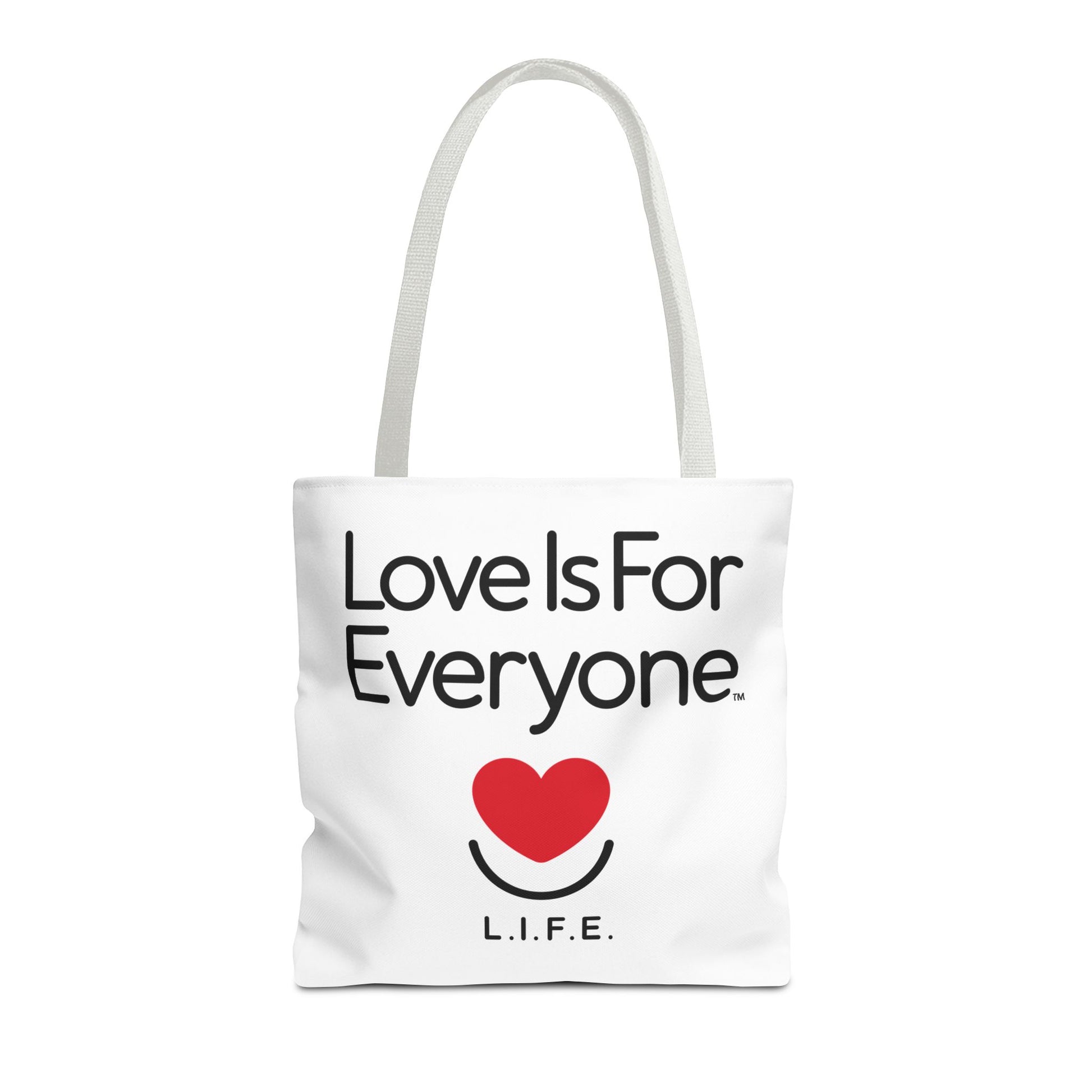 Studio front view of Signature L.I.F.E. "Love is for Everyone" canvas tote with white handles.