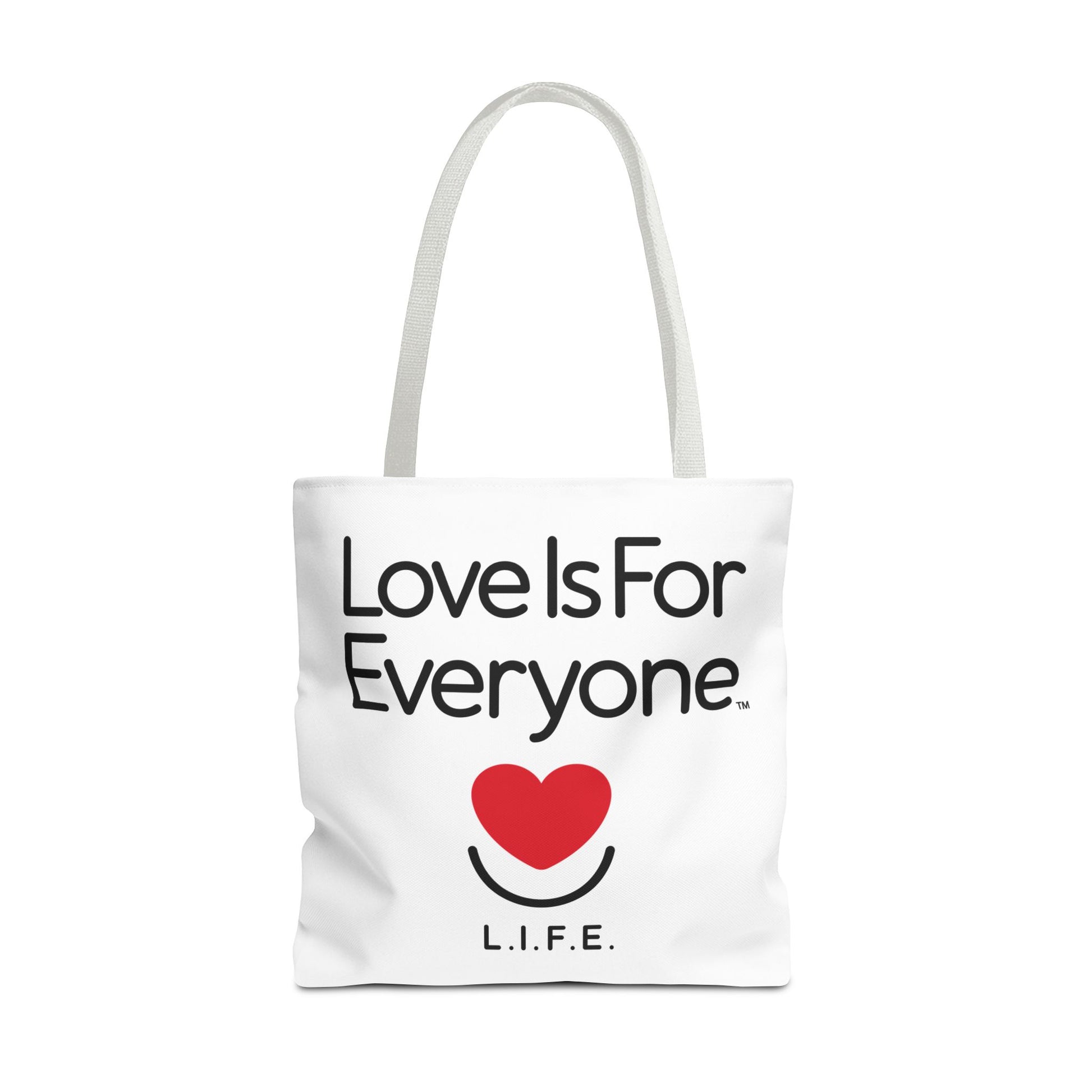 Front studio view of L.I.F.E. Signature large heavyweight canvas tote bag with white handles. 