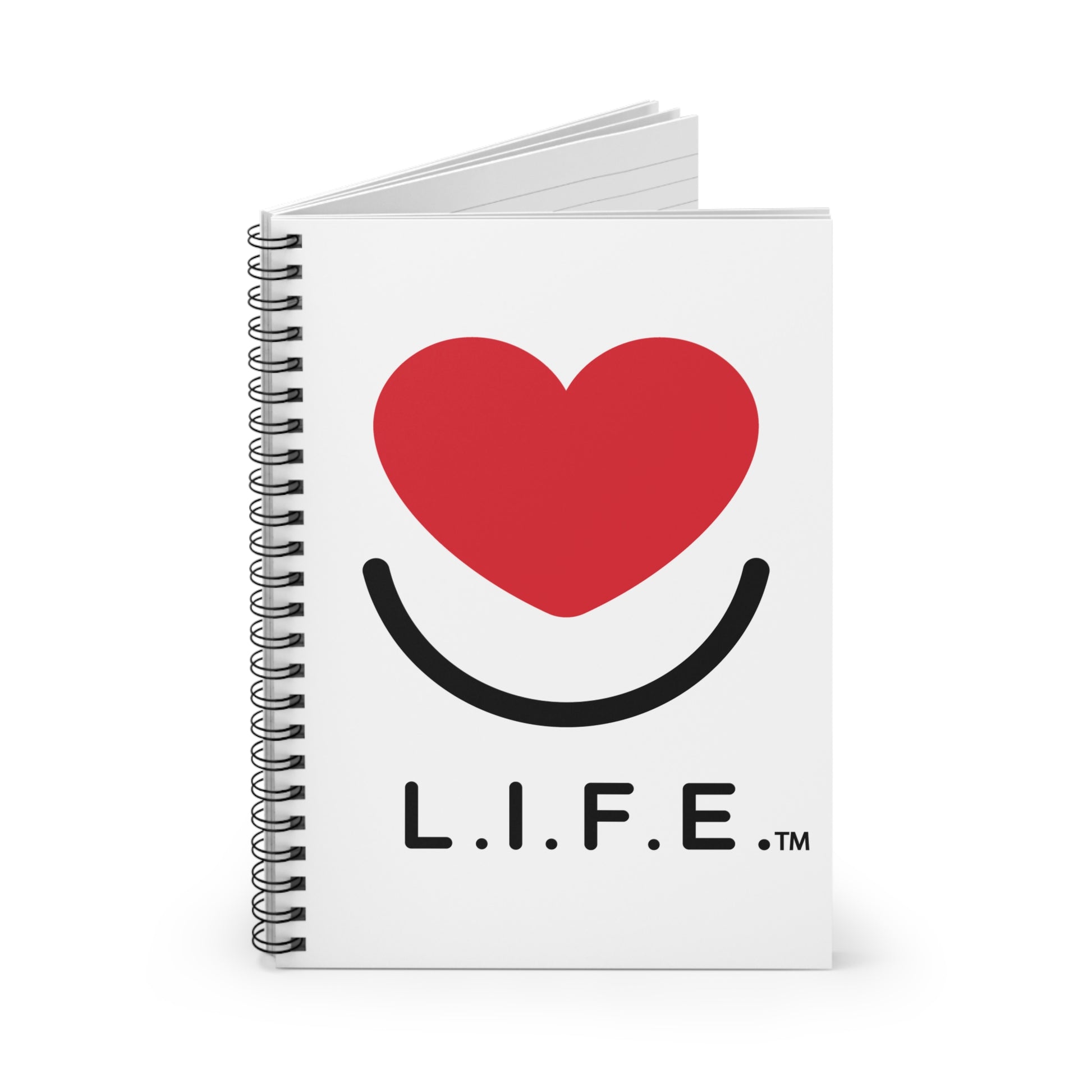 Notebook with a red heart smile design on a white background standing.