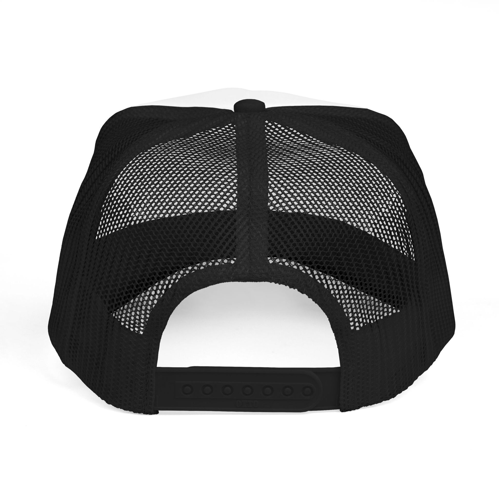 Back of black and white L.I.F.E. trucker hat with breathable mesh and adjustable snapback.