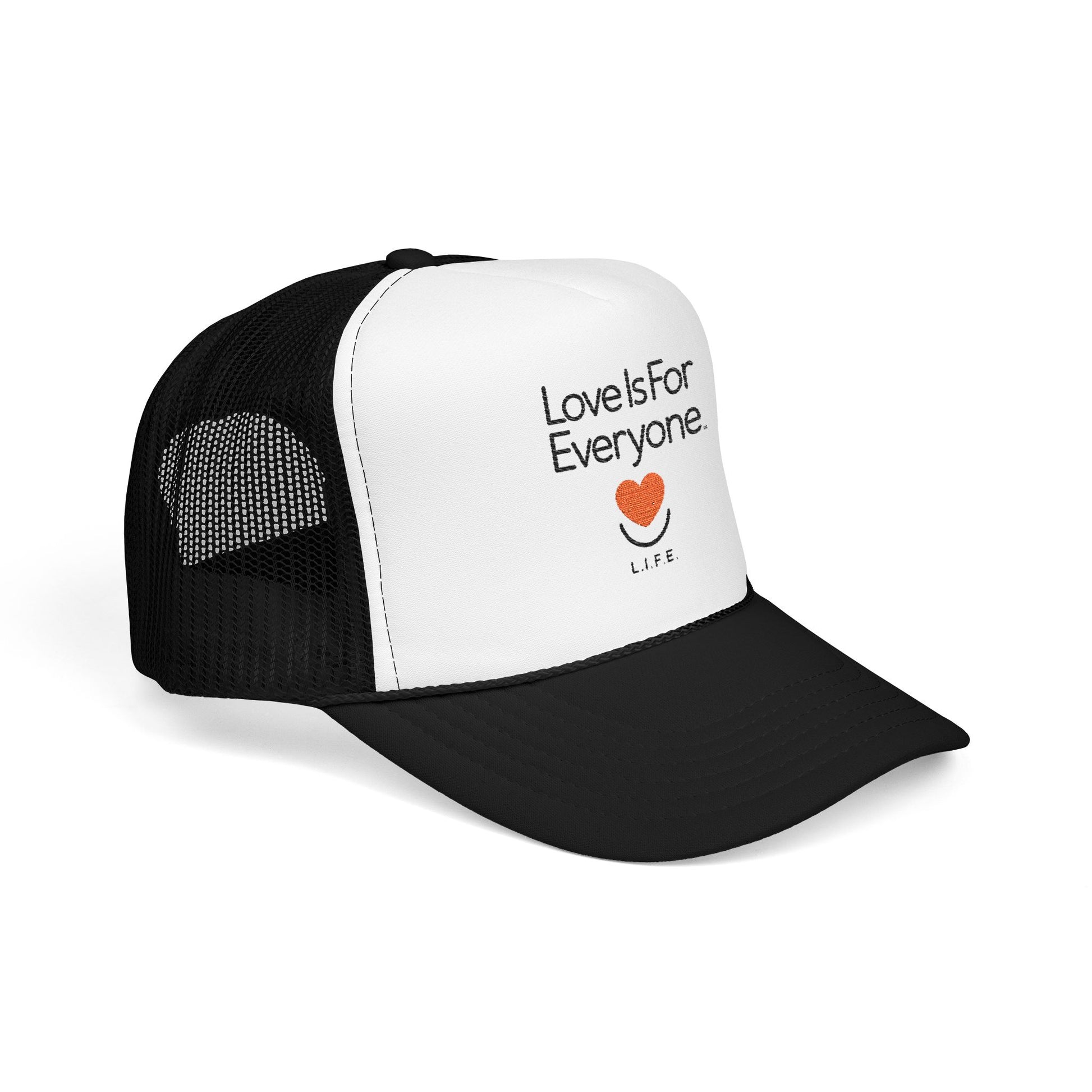Angled view of black and white embroidered L.I.F.E. trucker hat.