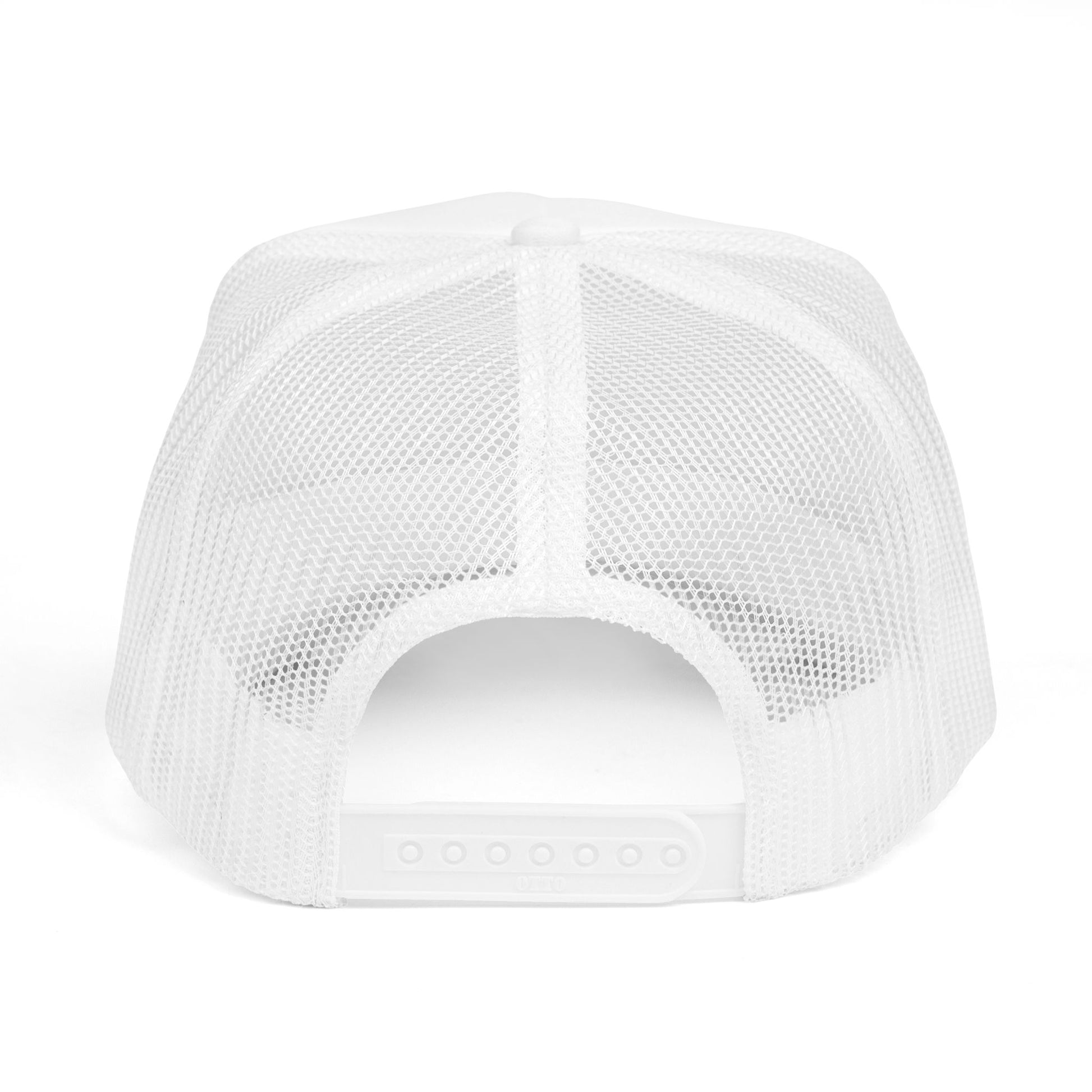 Back of white L.I.F.E. trucker hat showing mesh panels and snapback.